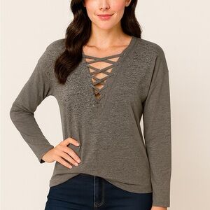 Express Charcoal Lace-Up Long Sleeve Top